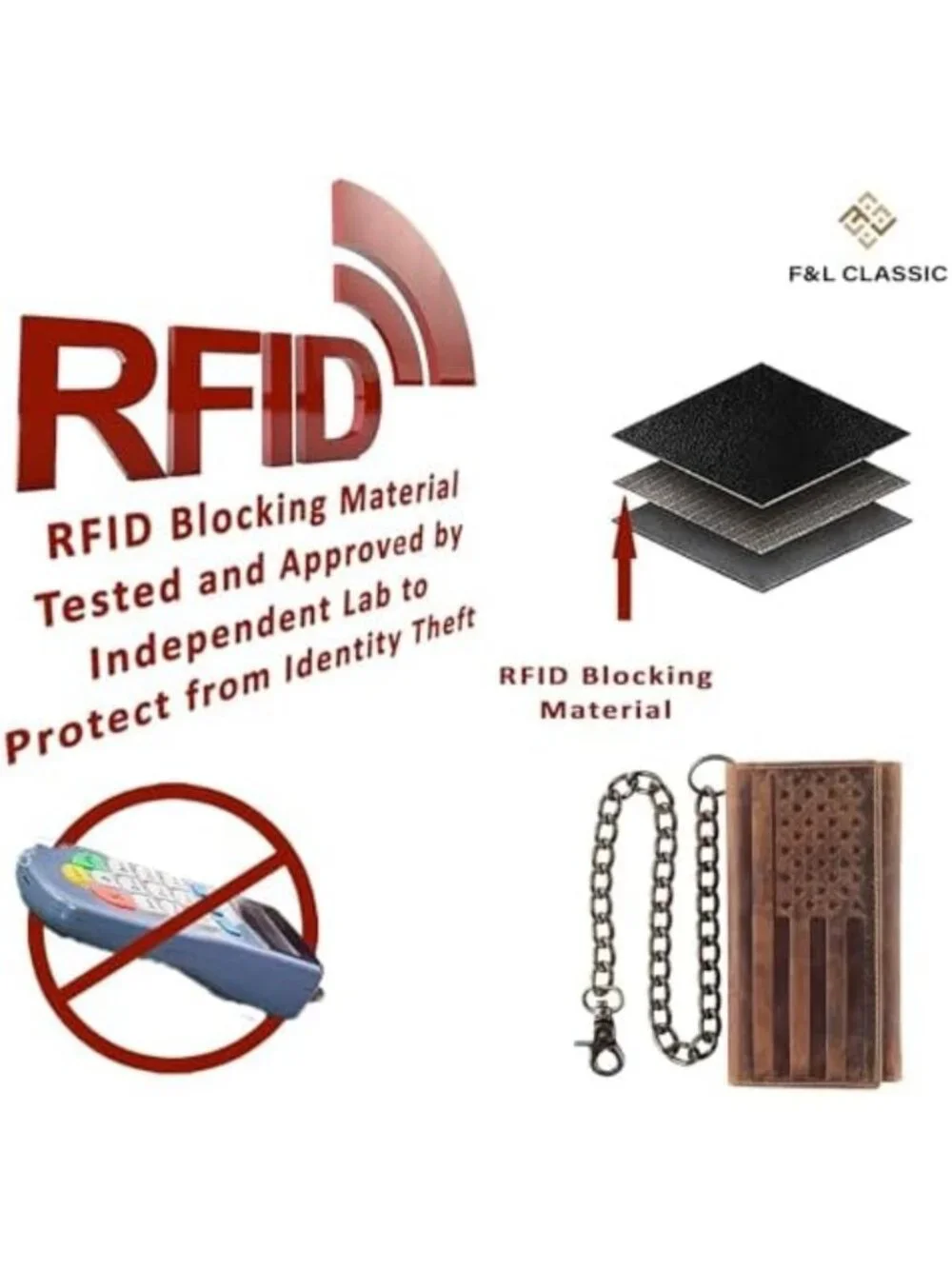 Classic RFID Blocking Men's Tri-Fold Leather Wallet with Steel Chain - Brown